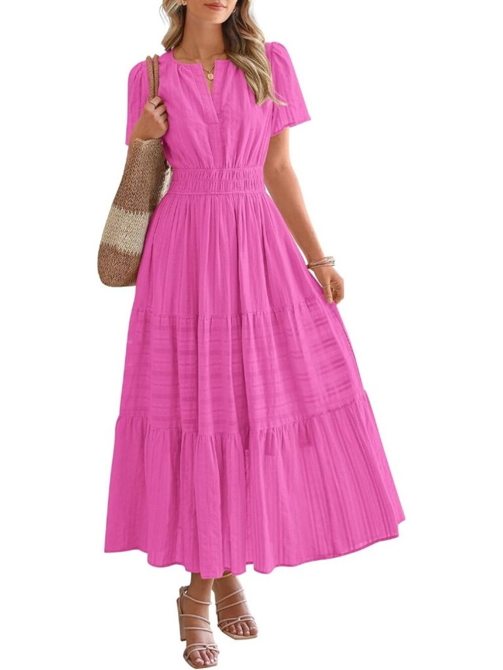Women's Red 100%Cotton V Neck Elastic Waist Boho Beach Casual MIDI Dresses